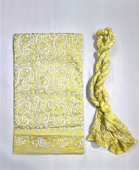 Look Pretty in classic yellow in aesthetic paisley design block printed with Luxury Gold Silver - Unstitched Collection