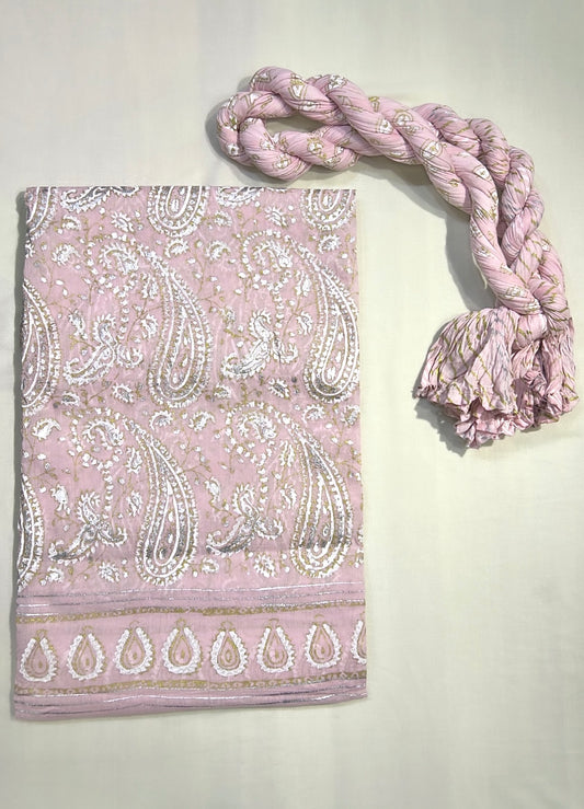 Dignified Palsley Block Printed with Luxury Gold Silver on Barbie Pink - Unstitched Collection