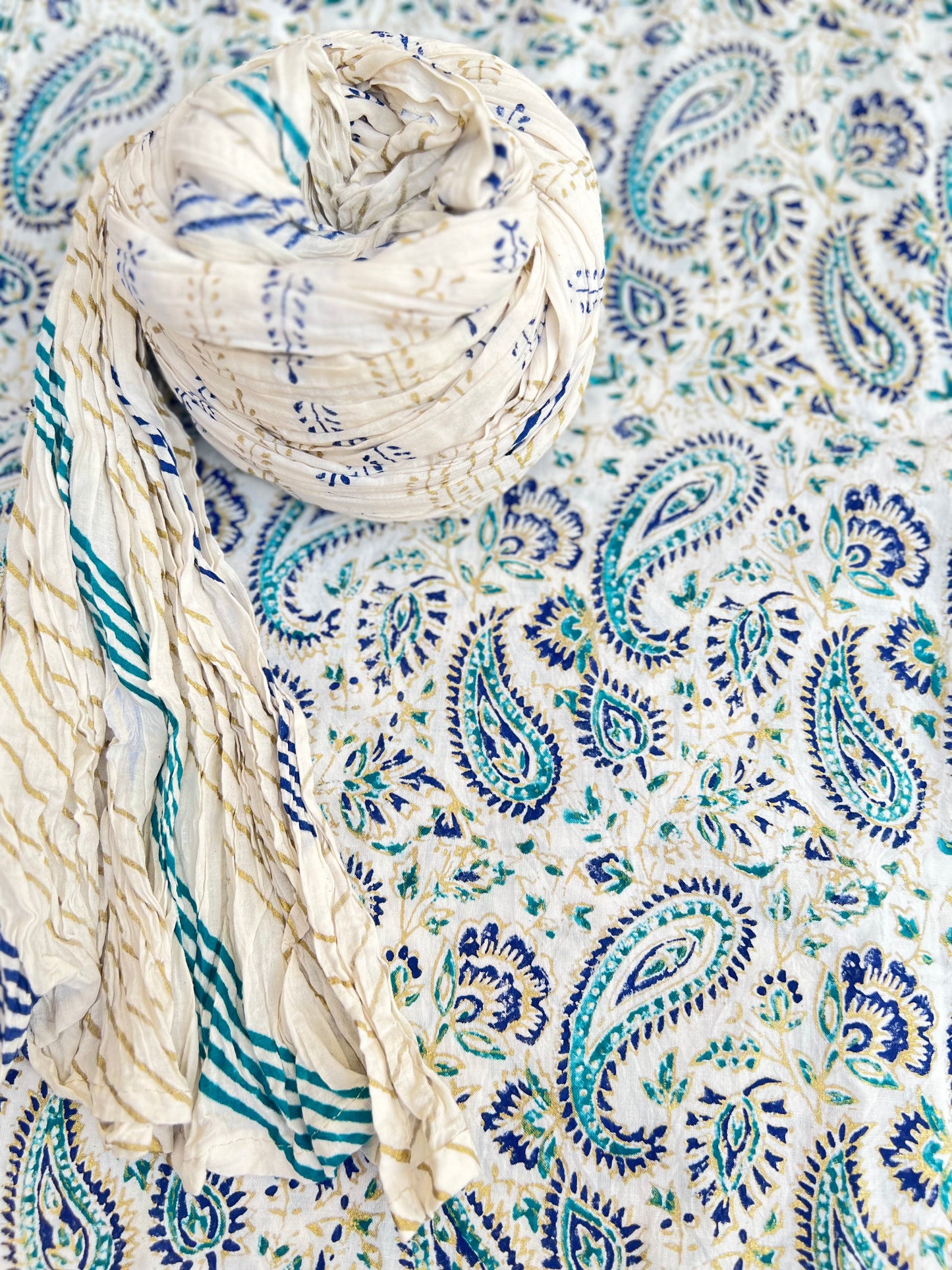 Maryam Paisley Design Hand Block Printed with Gold Ferozi and Blue - Unstitched Collection