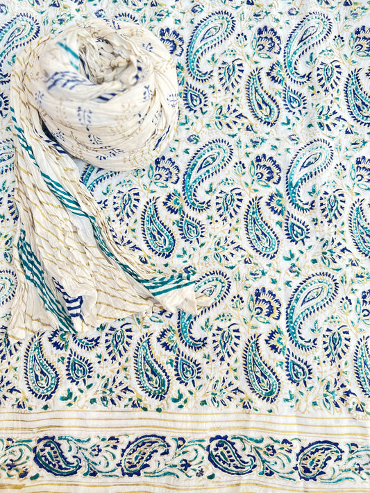 Maryam Paisley Design Hand Block Printed with Gold Ferozi and Blue - Unstitched Collection