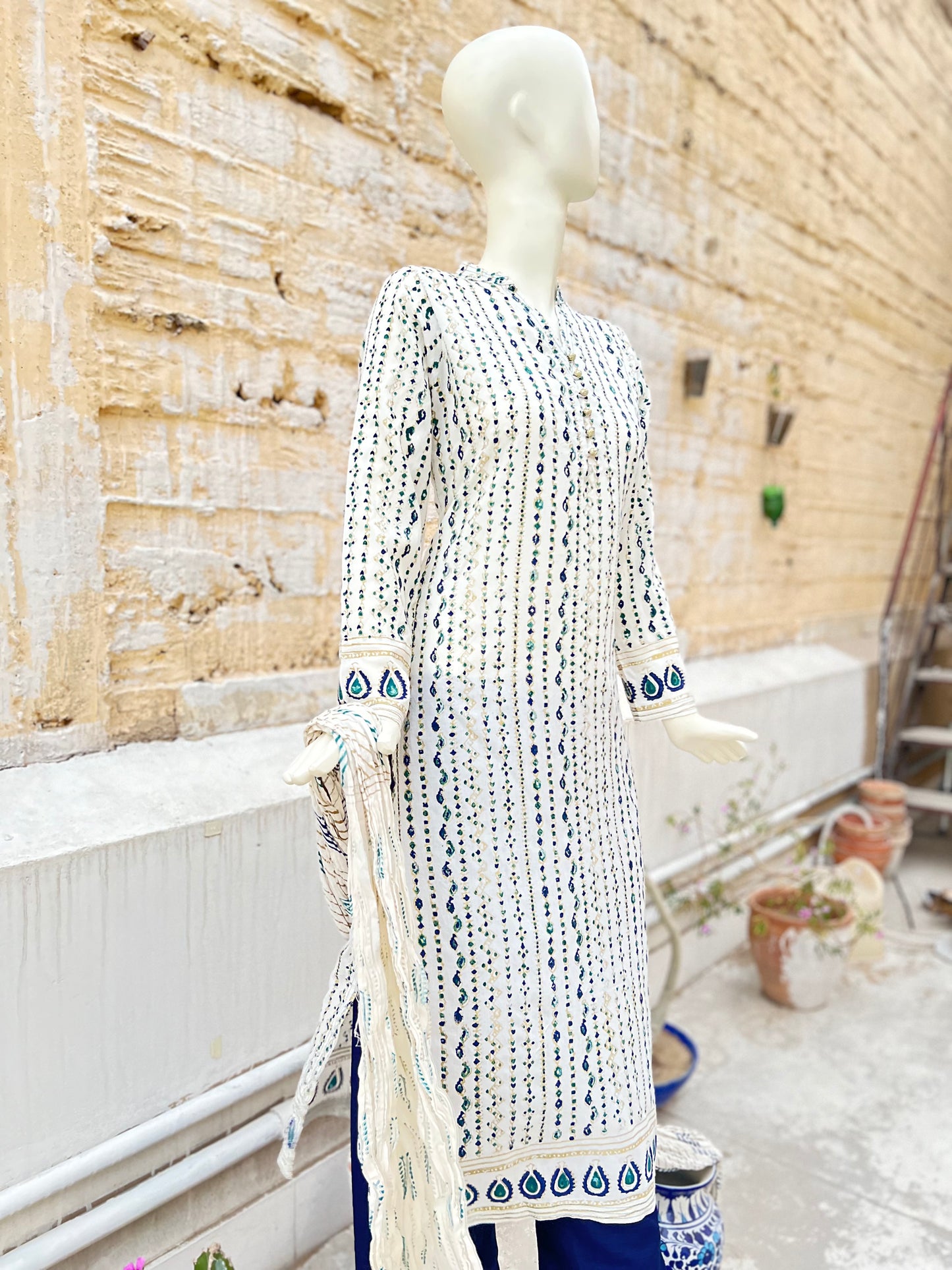 Gorgeous Gold Ferozi and Blue Block Printed Shirt with Sleek Matrix Dupatta - Truly a Showstopper!