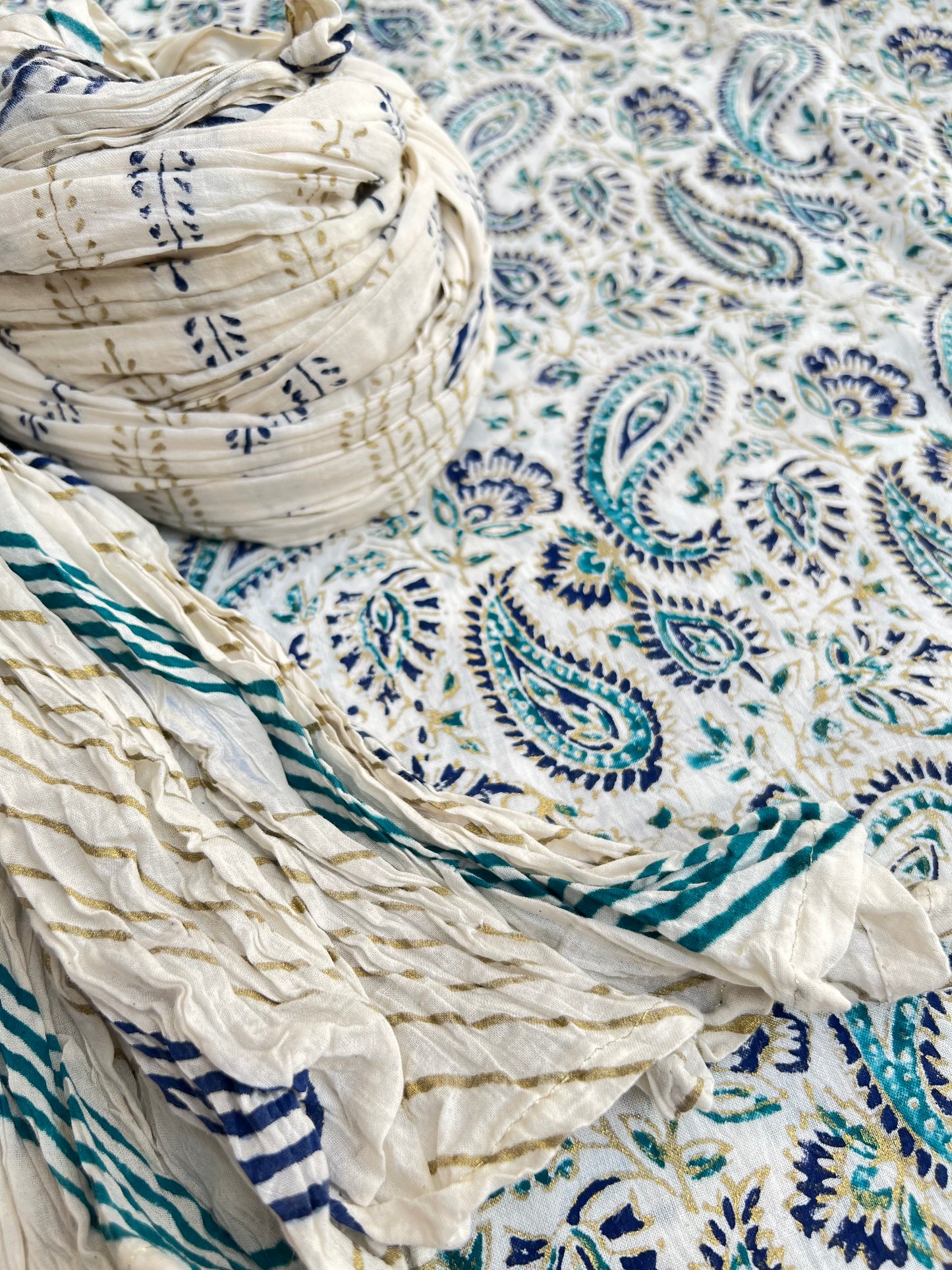 Maryam Paisley Design Hand Block Printed with Gold Ferozi and Blue - Unstitched Collection