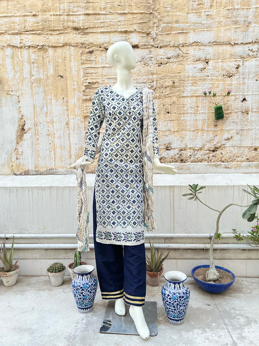 Trendy block-printed shirt with a crushed dupatta in gold and sapphire blue, featuring a stunning geomagnetic floral design.