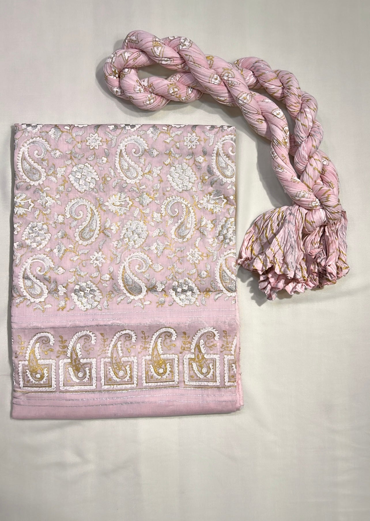 Royal Paisley Block Printed with Luxury Gold Silver on Barbie Pink - Unstitched Collection