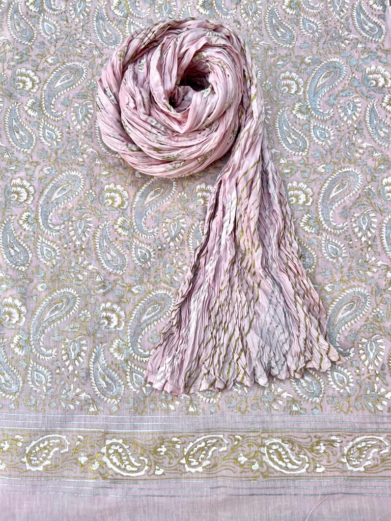 Maryam Paisley Design Hand Block Printed with Gold silver on Light Pink- Unstitched Collection