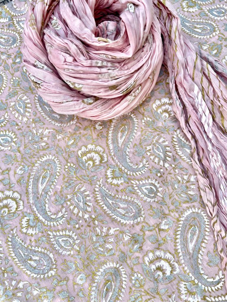 Maryam Paisley Design Hand Block Printed with Gold silver on Light Pink- Unstitched Collection