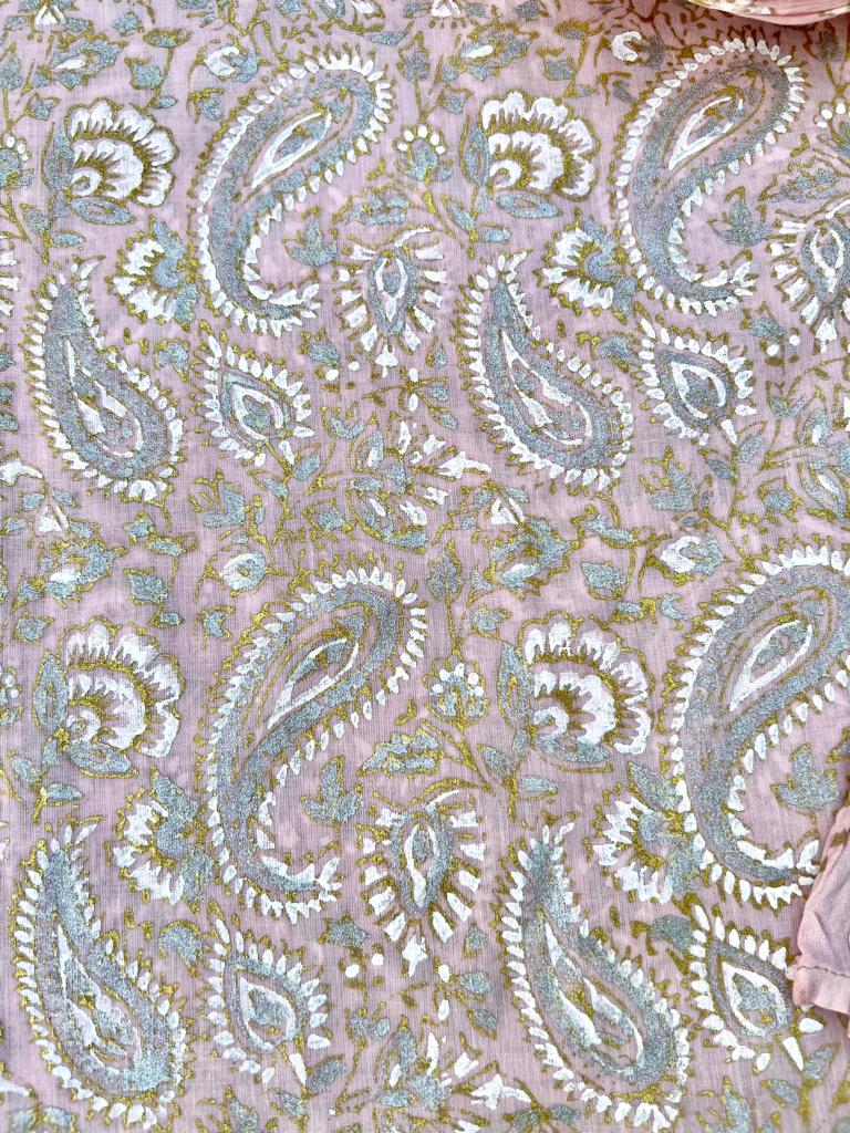 Maryam Paisley Design Hand Block Printed with Gold silver on Light Pink- Unstitched Collection