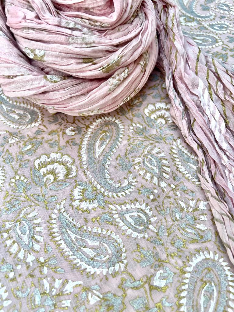 Maryam Paisley Design Hand Block Printed with Gold silver on Light Pink- Unstitched Collection