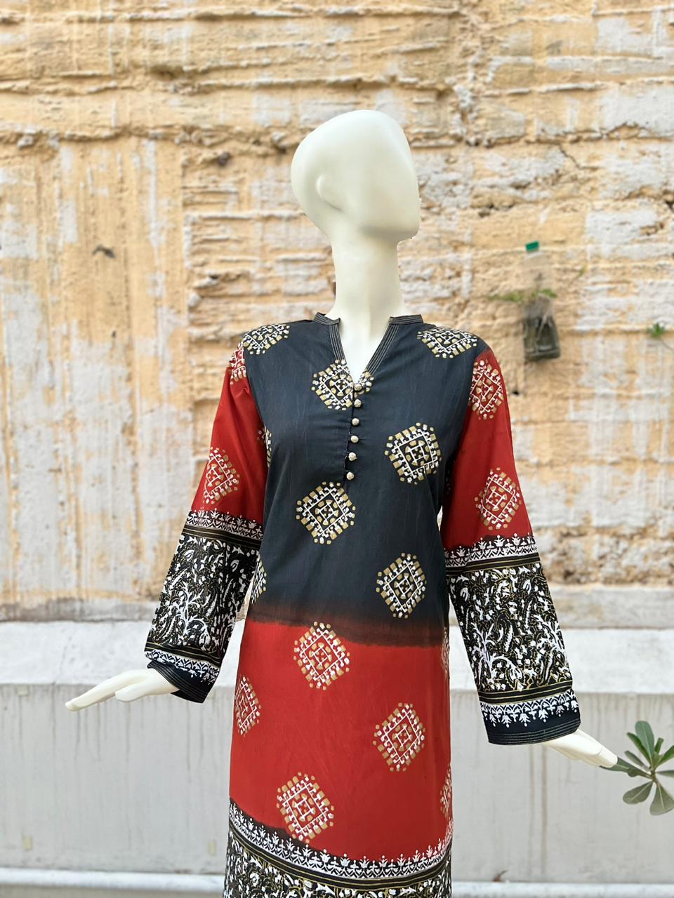 The Midas Touch: Gold Block Print with Red & Black Motifs