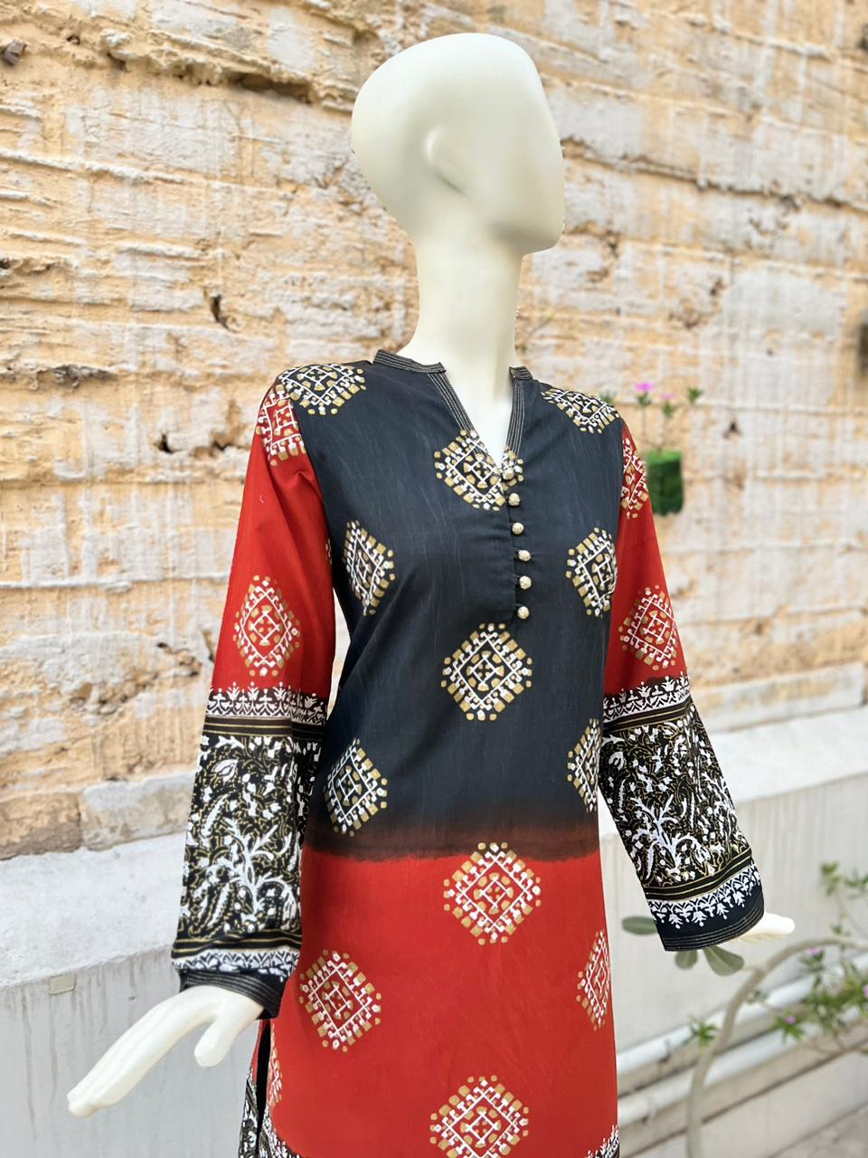 The Midas Touch: Gold Block Print with Red & Black Motifs