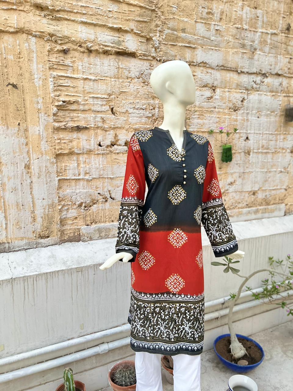 The Midas Touch: Gold Block Print with Red & Black Motifs