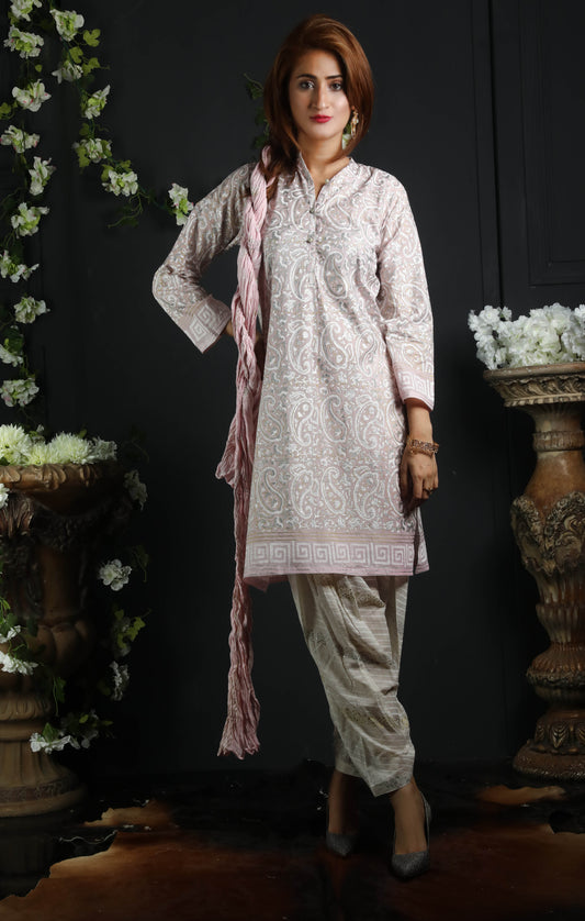 Look Pretty in pink in aesthetic paisley design block printed with Luxury Gold Silver - Stitched Collection