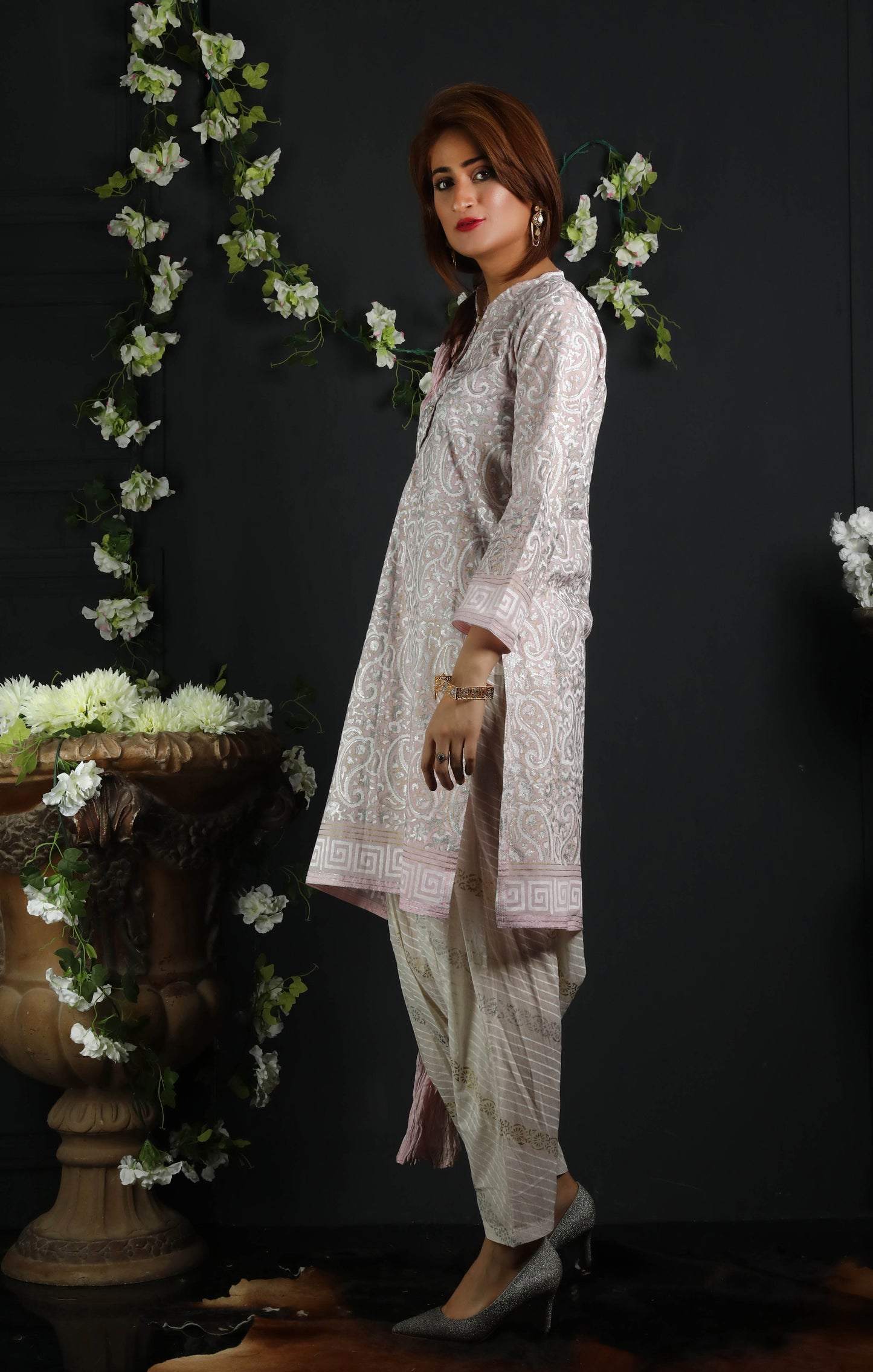 Look Pretty in pink in aesthetic paisley design block printed with Luxury Gold Silver - Stitched Collection